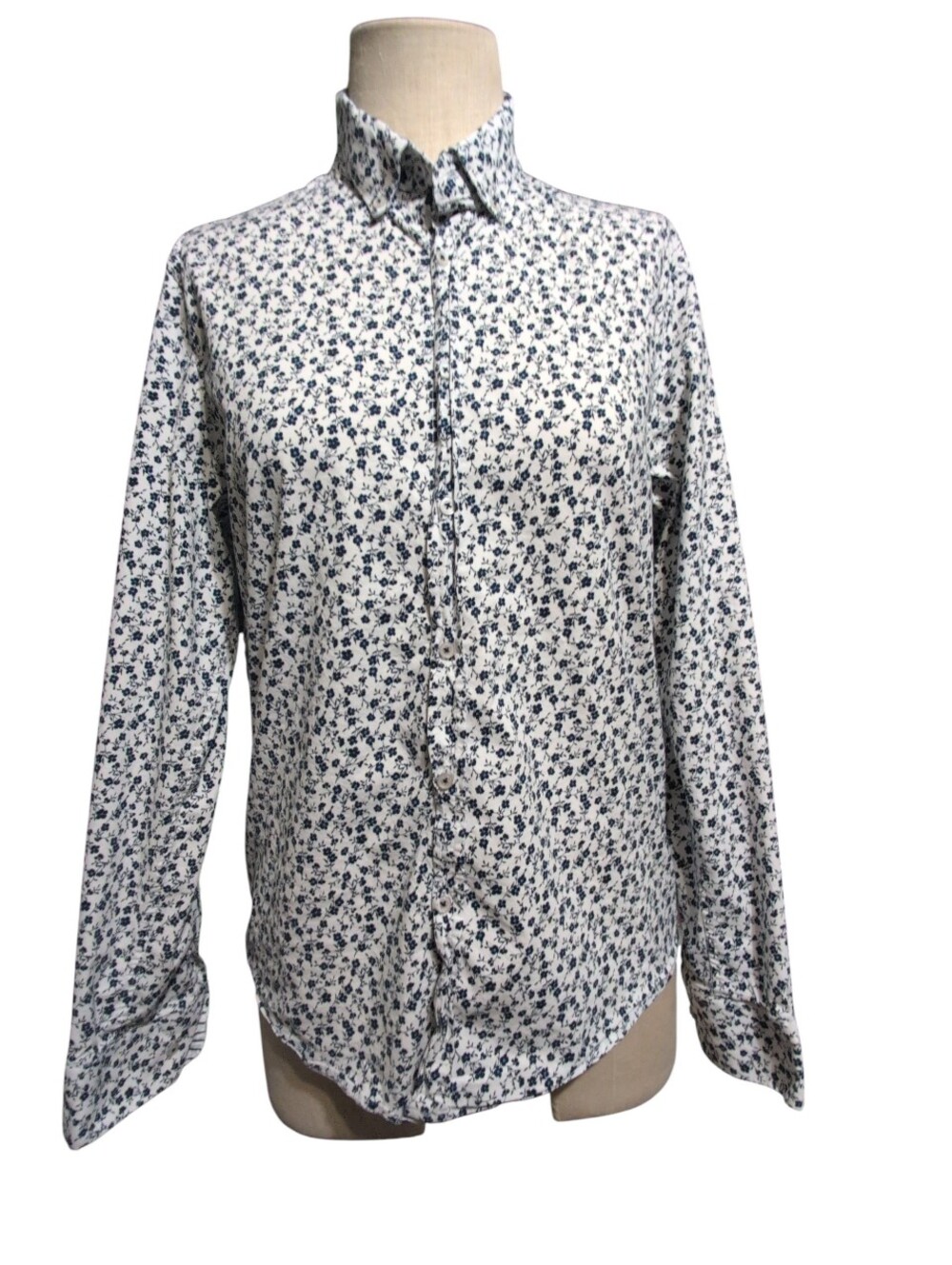 Denim & Flower White Button-Down Shirt with Navy Floral Print Dress Casual Med